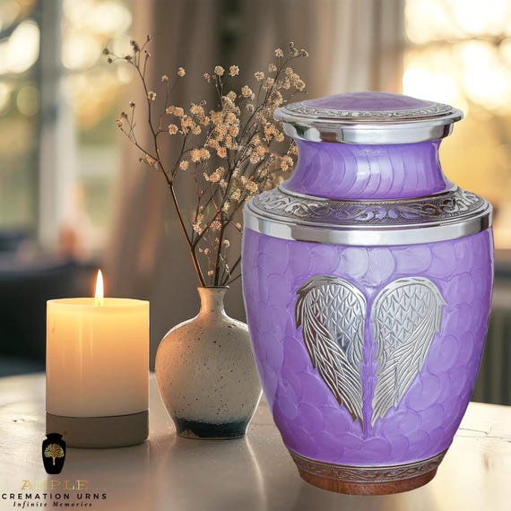 Purple Angel Wings Cremation Urn, Large Metal Funeral Urn