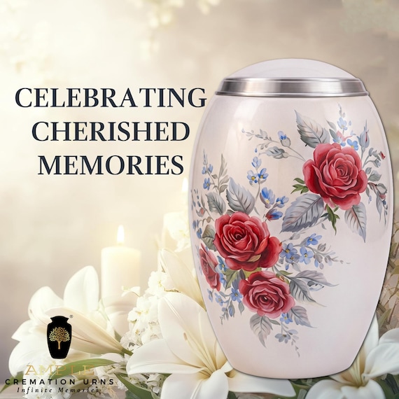 Red Rose Cremation Urn for Human Ashes, Ivory Floral Memorial with Blue Flowers