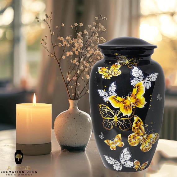 Butterfly Cremation Urn – Black Aluminum Memorial Urn, Felt Bag & Engraving Option