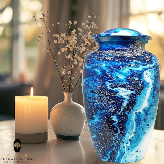 Dark Ocean Cremation Urn, Deep Blue Swirl, Adult Ashes