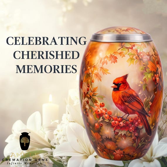 Red Cardinal Cremation Urn for Human Ashes, Autumn Leaves and Berries, Woodland Memorial with Silver Tone Lid Rim