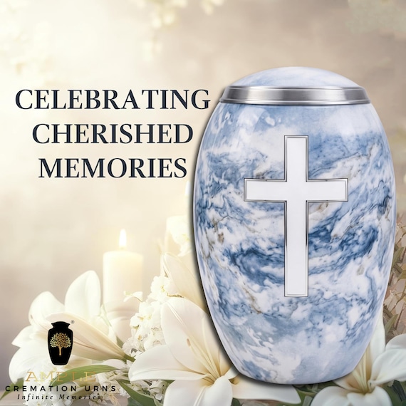 Christian Cross Cremation Urn for Human Ashes, Blue and White Marble Effect Memorial with Silver Tone Details