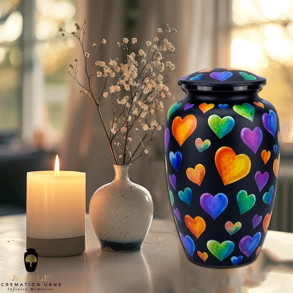 Rainbow Hearts Cremation Urn for Human Ashes - Colorful Pride Love Memorial - Funeral Urn & Keepsake - Vibrant Hearts Eternal Tribute