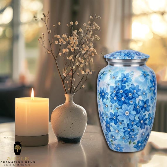 Azure Blue Floral Cremation Urn for Human Ashes - Hand-Painted Crystal Flower Memorial Funeral Urn Keepsake - Elegant Botanical Eternal Rest
