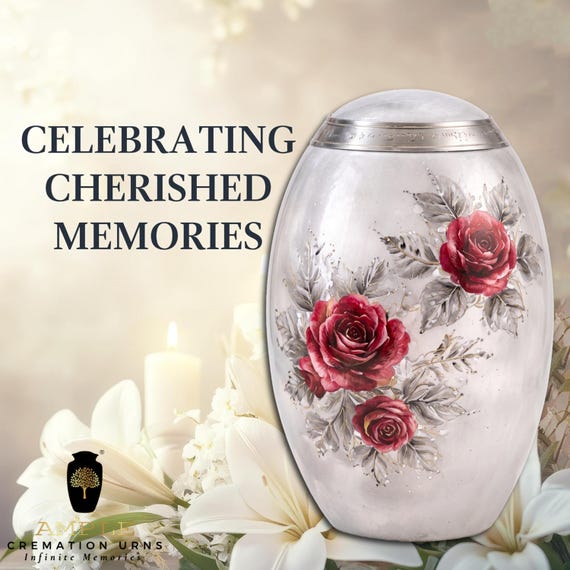 Red Rose Cremation Urn for Human Ashes, Pearl White Floral Memorial with Silver Leaves
