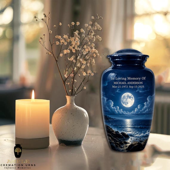 Moonlit Ocean Cremation Urn for Human Ashes, Personalized Memorial Urn, Adult Funeral Urn, Aluminum Keepsake & Full Size