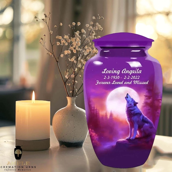 Wolf Cremation Urn for Human Ashes - Personalized Wolf Spirit Memorial -  Funeral Urn & Matching Small Keepsakes - Purple Moonrise Tribute