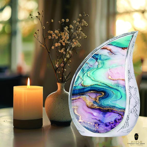 Teardrop Cremation Urn for Human Ashes - Abstract Alcohol Ink Art Memorial - Silver Blue Pink Gold Swirl Urn - Large Adult & Keepsake Sizes