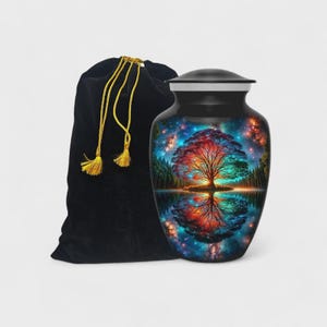 Puede incluir: Urna funeraria negra con un colorido diseño de árbol de la vida. La urna presenta una tapa negra y una escena acuática reflectante con un árbol y un bosque. Una bolsa de terciopelo negro con borlas doradas está junto a la urna.