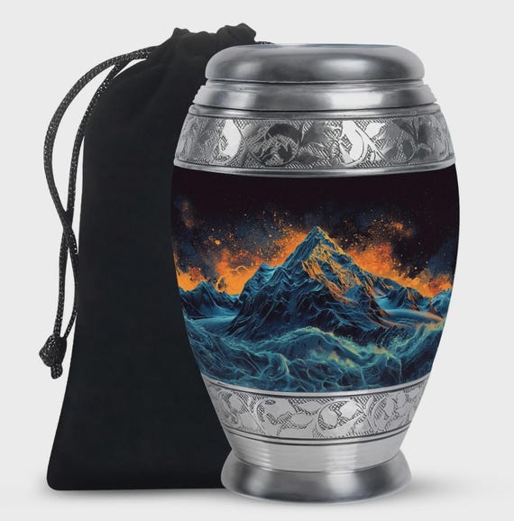 Mountain Cremation Urn for Human Ashes - Engraved Silver Peak Memorial - Funeral Urn & Matching Keepsakes - Nature Spirit Burial Tribute