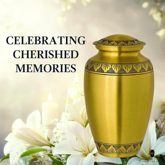 Gold Tone Cremation Urn for Human Ashes, Traditional Memorial with Decorative Leaf Borders