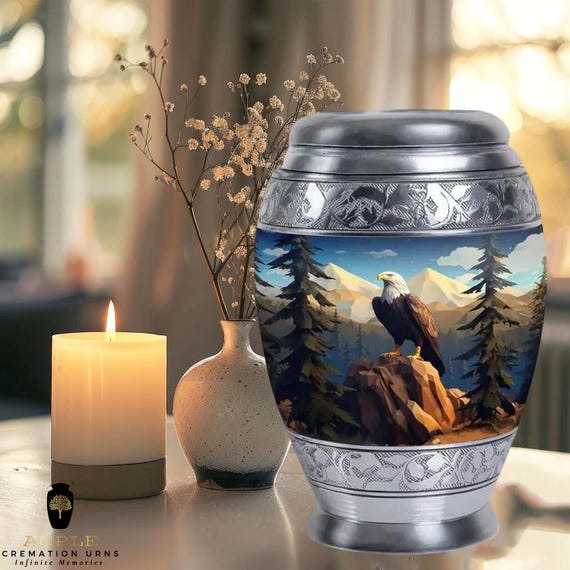 Bald Eagle Cremation Urn for Human Ashes - Patriotic Mountain Nature Memorial - Silver Engraved Large Adult Urn & Small Keepsakes for Family