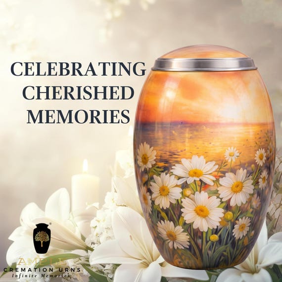 Daisy Cremation Urn for Human Ashes, Golden Sunset and White Flower Memorial, Nature Inspired Design with Silver Tone Lid Rim