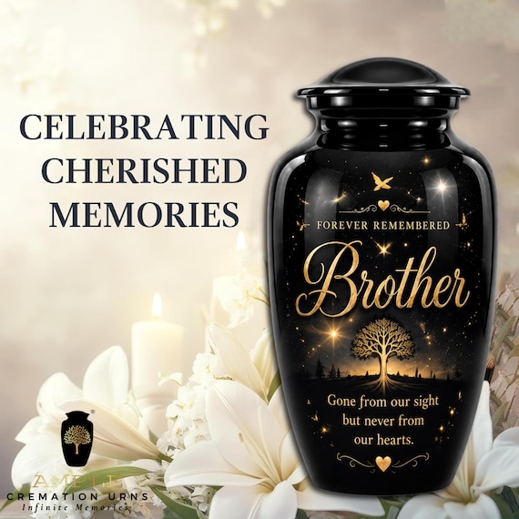 Brother Memorial Urn, Forever Remembered Cremation Keepsake, Black Gold Tree of Life Tribute