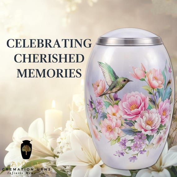 Hummingbird Cremation Urn for Human Ashes, White Floral Memorial with Pink Flowers and Silver Trim