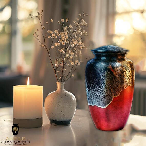 Ocean Wave Cremation Urn for Human Ashes - Crimson Shore Sunset Memorial - Large Funeral Urn & Keepsake - Nature Lover Artistic Tribute