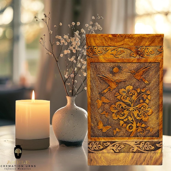Handmade Hummingbird Cremation Urn, Tree of Life Wooden Memorial Keepsake