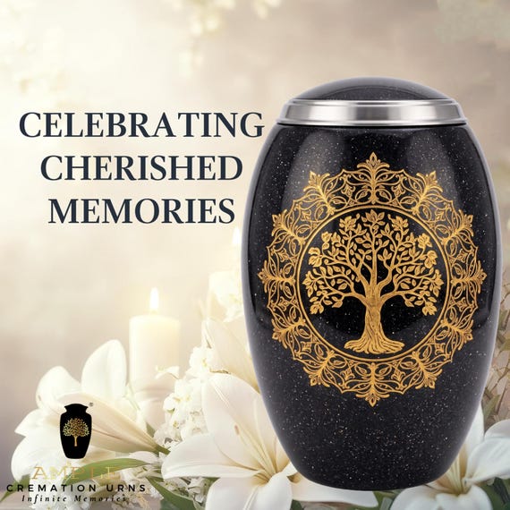 Tree of Life Cremation Urn for Human Ashes, Black and Gold Memorial with Ornate Botanical Design and Silver Tone Rim