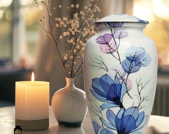 Pastel Floral Cremation Urn for Human Ashes – Elegant Ceramic Memorial Urn with Soft Blue  Pink Flowers, Keepsake & Large Sizes, Engraving