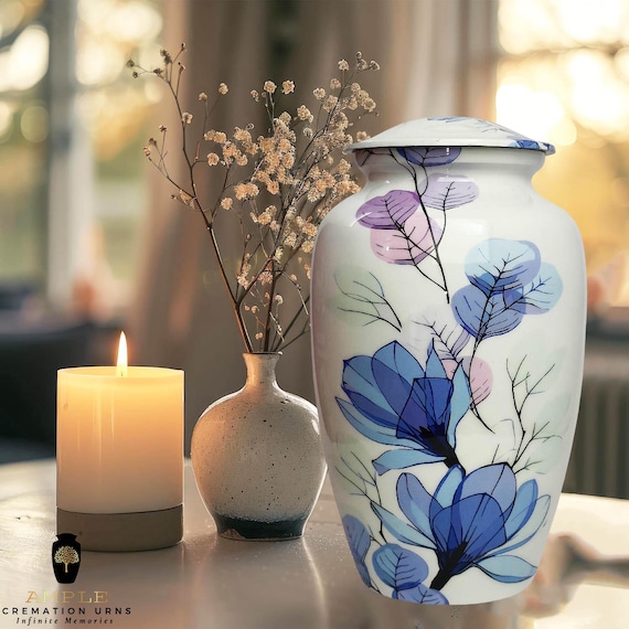 Pastel Floral Cremation Urn for Human Ashes – Elegant Ceramic Memorial Urn with Soft Blue  Pink Flowers, Keepsake & Large Sizes, Engraving