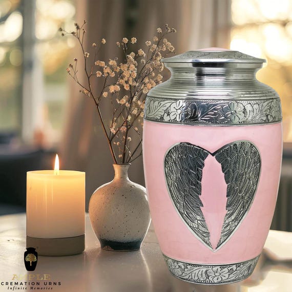 Heart of Wings Pink Cremation Urn for Human Ashes Adult Large – Angel Memorial Urn, Funeral Tribute