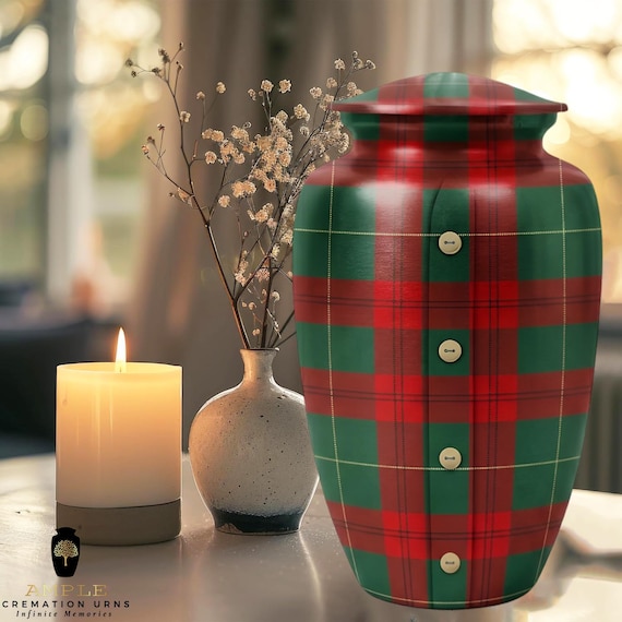 Classic Tartan Plaid Cremation Urn for Human Ashes - Red and Green Plaid Memorial Funeral Urn Shared Keepsakes Traditional Heritage Tribute