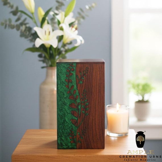 Handcrafted Wood Cremation Urn with Green Leaf Inlay