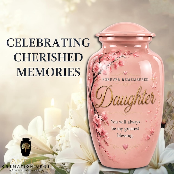 Daughter Cremation Urn for Human Ashes, Pink Cherry Blossom Memorial with Heart Details