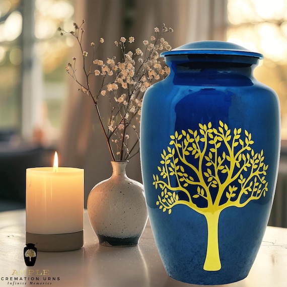 Blue Cremation Urn, Gold Tree of Life, Adult Memorial Urn