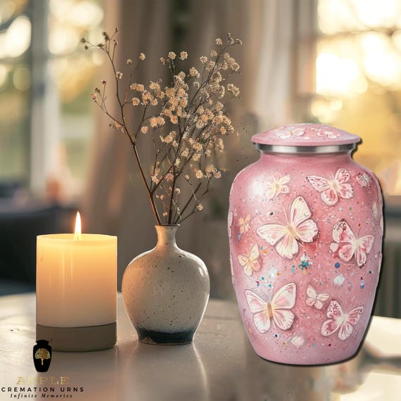 Pink Butterfly Cremation Urn for Human Ashes - Embossed Garden Memorial - Large Funeral Urn & Keepsake - Symbolic Transformation Tribute