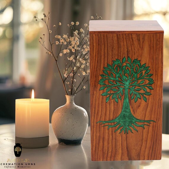 Handcrafted Wood Cremation Urn with Green Leaf Inlay