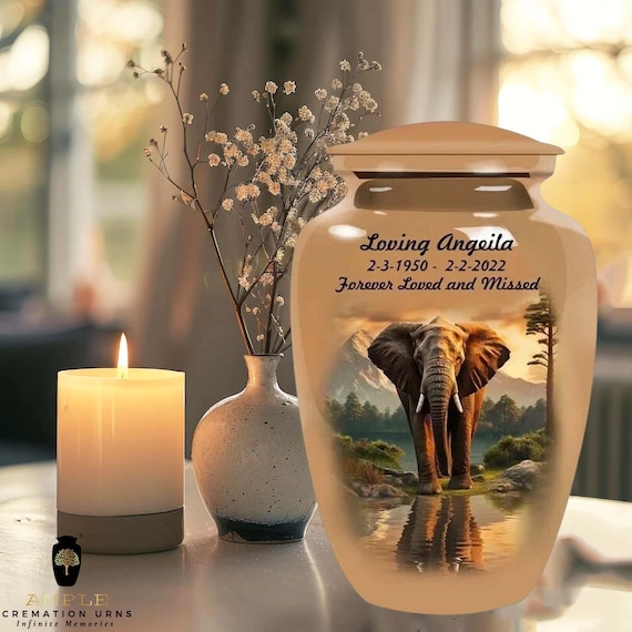 Elephant Cremation Urn for Human Ashes – Personalized Memorial Urn with Name & Date, Scenic Nature Design, Large Keepsake Sizes
