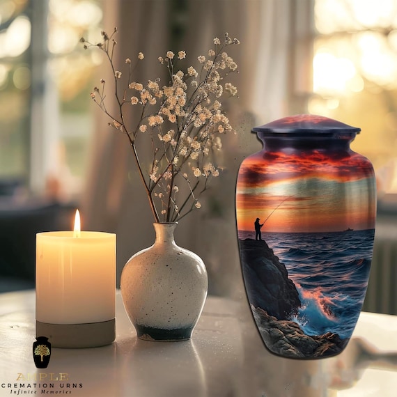 Fisherman Memorial Cremation Urn for Human Ashes - Sunset Fishing Scene Tribute - Large Funeral Urn & Keepsake - Coastal Angler Eternal Rest