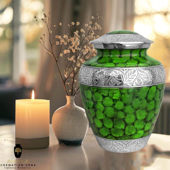 Handcrafted Green Brass Urn – Silver Leaf Engraved Keepsake Jar