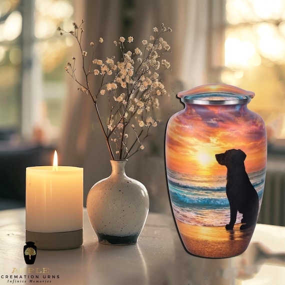 Black Lab Cremation Urn for Ashes - Beach Sunset Dog Memorial - Large Adult Funeral Urn & Keepsake - Loyal Companion Eternal Tribute