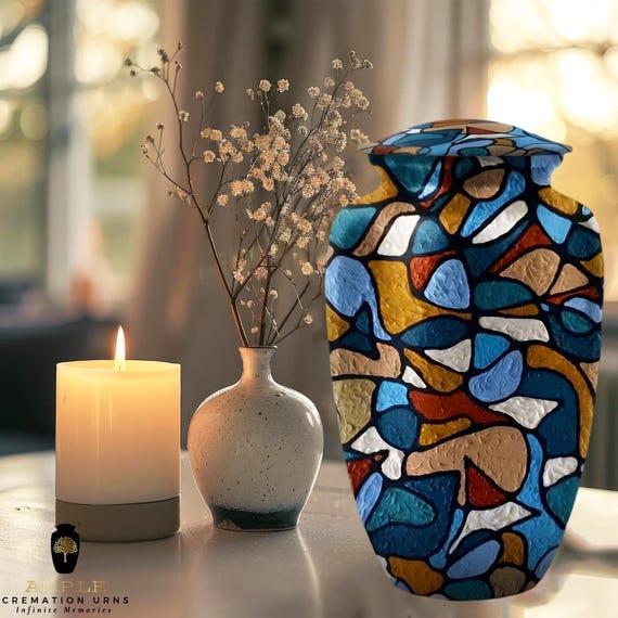 Artistic Mosaic Cremation Urn for Human Ashes - Vibrant Geometric Stone Texture Memorial - Large Adult Funeral Urn - Abstract Modern Tribute