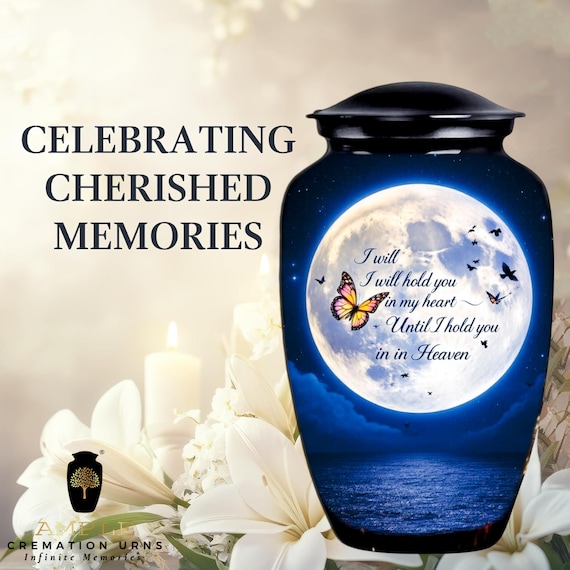 Moon Butterfly Cremation Urn, Until Heaven Memorial, Blue Celestial Ashes Keepsake Tribute
