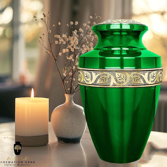 Handcrafted Aluminum Cremation Urn - Emerald Green, Meena Coated