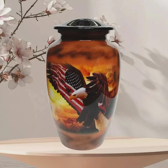American Flag Bald Eagle Cremation Urn for Human Ashes - Patriotic Sunset Memorial - Funeral Urn & Shared Keepsakes - Veteran Honor Tribute