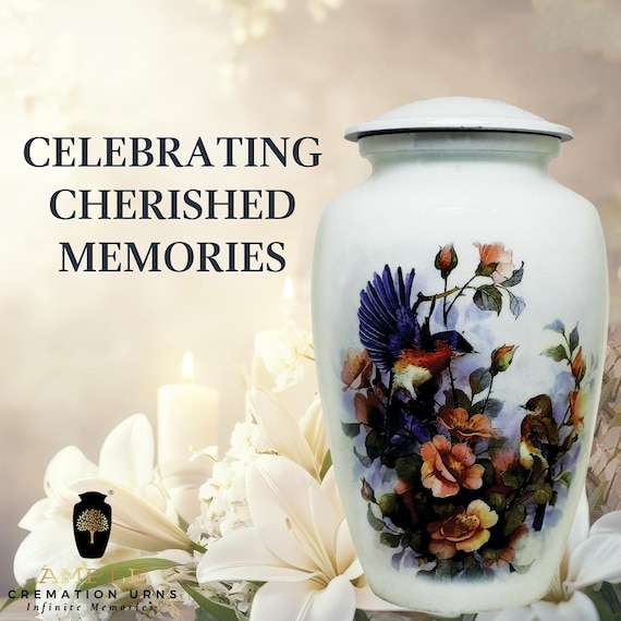 White Bird and Flower Cremation Urn for Human Ashes, Nature Inspired Memorial