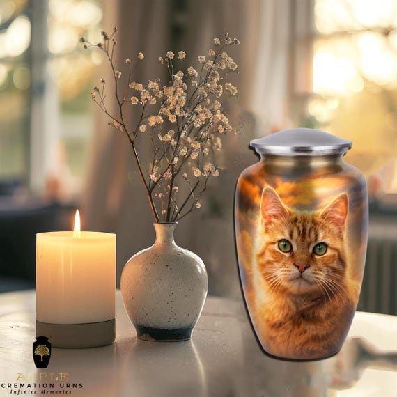 Orange Tabby Cat Cremation Urn for Human Ashes - Golden Sunset Ginger Cat Memorial - Large Funeral Urn & Keepsake - Feline Lover Tribute