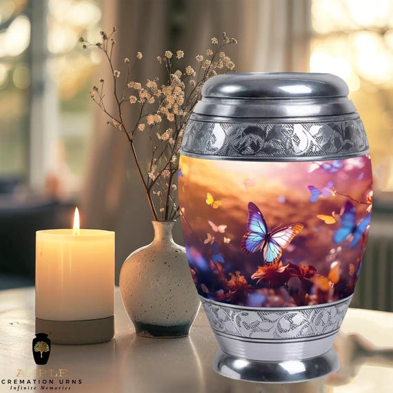 Butterfly Cremation Urn for Human Ashes – Aluminum Memorial Urn with Colorful Butterfly  Sunset Design, Large & Keepsake Sizes