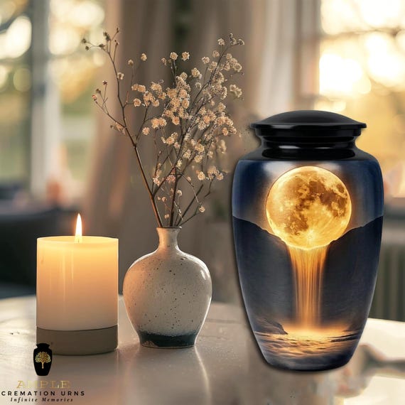 Full Moon Waterfall Cremation Urn for Human Ashes - Celestial Lunar Memorial - Large Funeral Urn & Keepsake - Golden Moon Spirit Tribute
