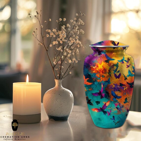 Colorful Birds Cremation Urn for Human Ashes - Vibrant Abstract Wings Memorial - Funeral Urn & Keepsake - Artistic Nature Spirit Tribute