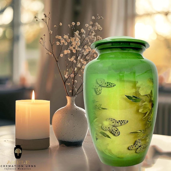 Green Butterfly Cremation Urn for Human Ashes - Vibrant Meadow Floral Memorial Large Adult Funeral Urn & Matching Small Keepsakes for Family