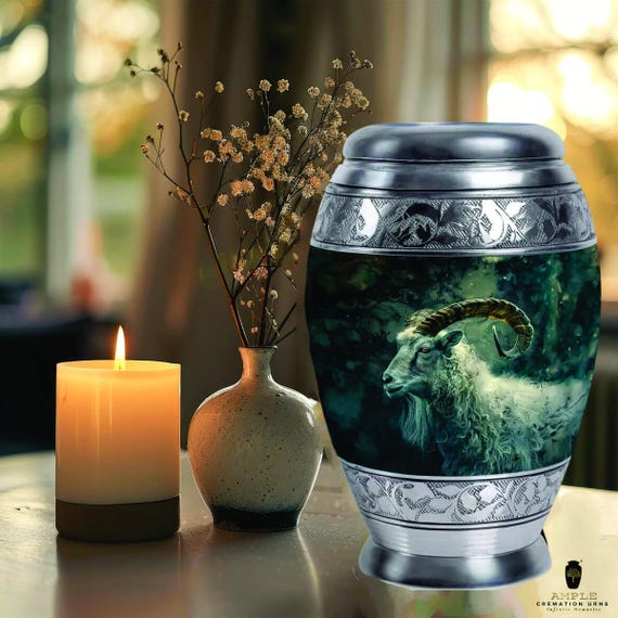 Ram Cremation Urn for Human Ashes – Aluminum Memorial Urn with Mountain Goat Design, Nature Wildlife Tribute Urn, Large & Keepsake Sizes