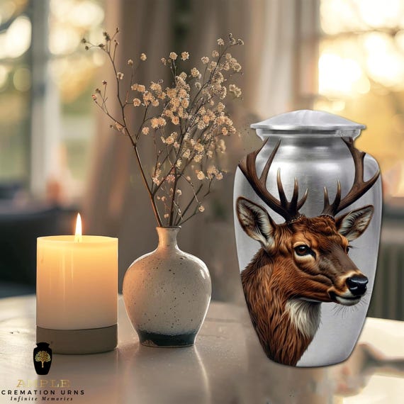 Hand-Painted Stag Deer Cremation Urn for Human Ashes - Brushed Silver Wildlife Memorial - Funeral Urn & Keepsake - Noble Nature Tribute