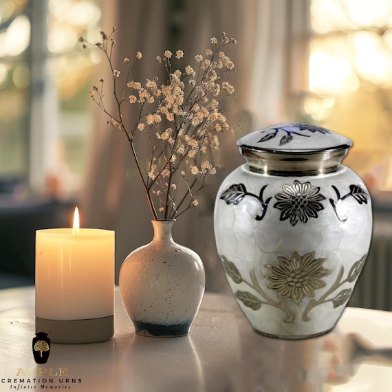 White Enamel Cremation Urn for Human Ashes - Silver Floral Engraved Memorial - Funeral Urn & Shared Keepsakes - Elegant Pearl White Tribute
