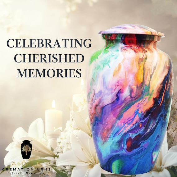 Multicolor Marble Effect Cremation Urn for Human Ashes, Colorful Abstract Memorial with Matching Lid