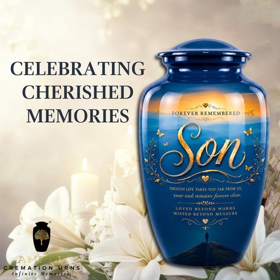 Son Cremation Urn for Human Ashes, Blue Mountain Sunset Memorial with Gold Tone Butterflies